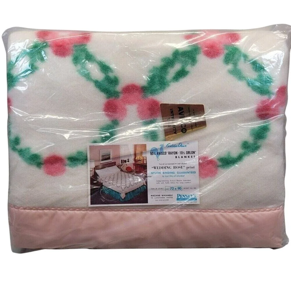 Golden Dawn Wedding Rose Wreath Greenery Pink Flower Blanket 72x90 Penney's Vtg‎